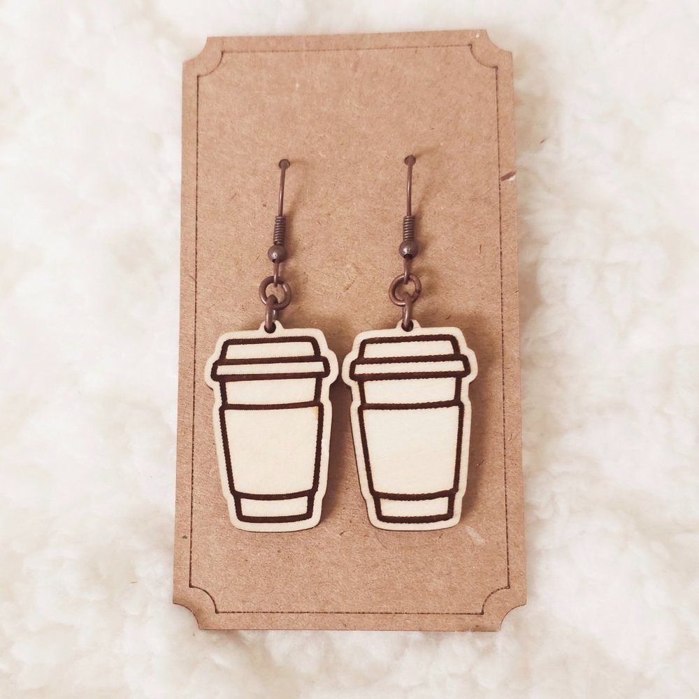 5/$25 Hot Coffee Earrings Dangle Wooden